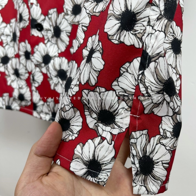 Áo sơ mi cộc tay unisex form rộng họa tiết ĐỎ HOA TRẮNG cho nam nữ | DUYHI