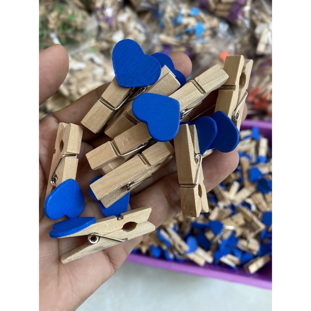 Combo 10 màu kẹp gỗ trái tim treo hình ảnh tặng 2 mét dây thường size 3.5x0.7cm