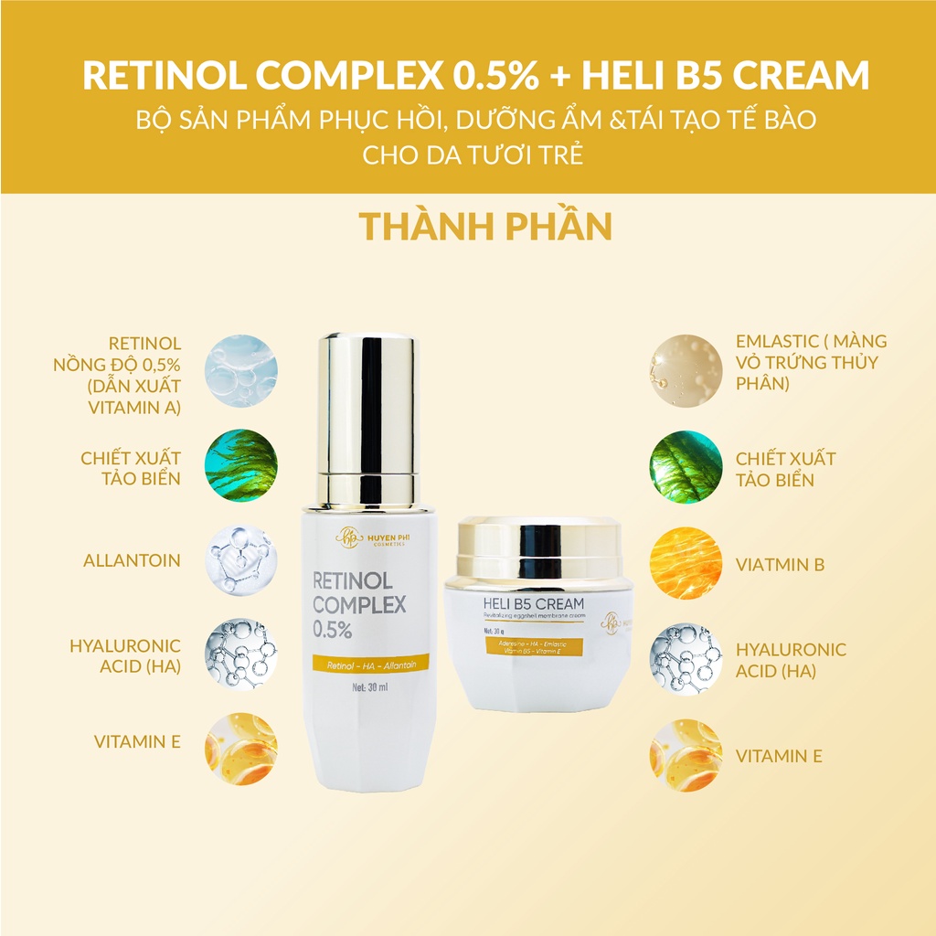 Combo phục hồi da Retinol Complex 0.5% + Heli B5 Cream Huyền Phi