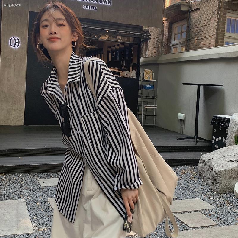 Áo Sơ Mi Tay Dài Dáng Rộng Họa Tiết Kẻ Sọc Phong Cách Retro Hong Kong Thời Trang Cho Nữ