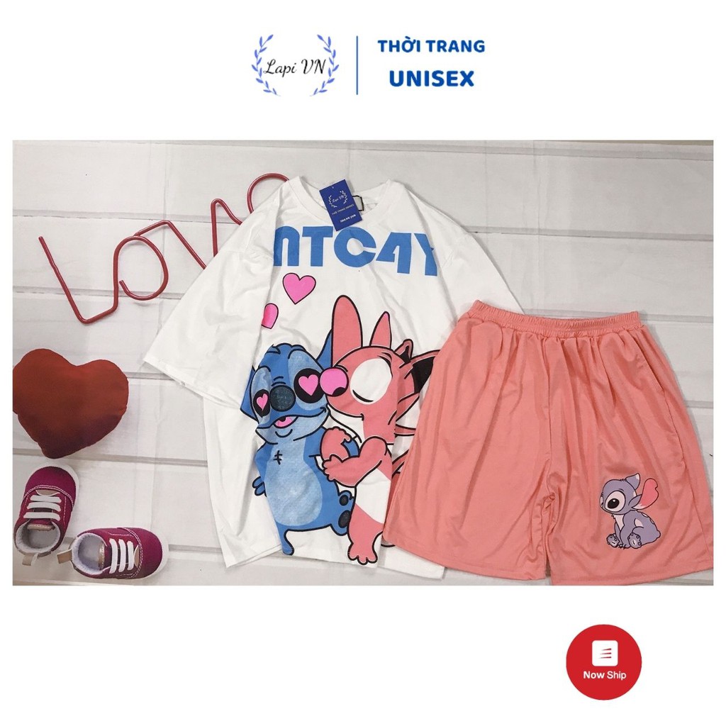 Set Đồ Bộ STITCH - LOVE cartoon 3D Cute DB49-Lapi VN Áo+ Quần Đùi Vải Thun Cotton Thoáng Mát, Freesize Đến 70kg