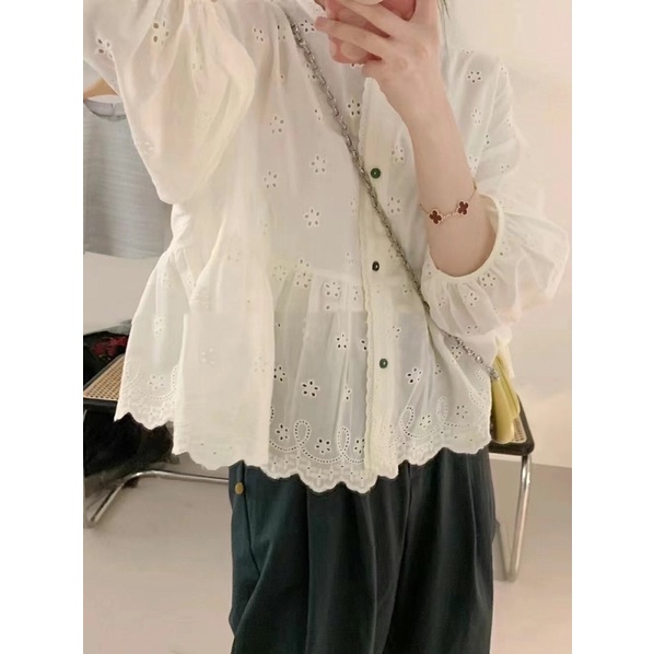 Áo babydoll ren thô dễ thương màu kem phong cách Nhật nữ tính điệu đà mang hằng ngày tiểu thư hàn quốc