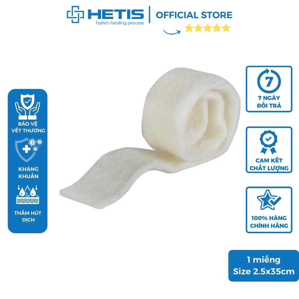 Gạc Calcium Alginate HETIS chiết xuất rong biển, thấm hút dịch hỗ trợ liền thương nhanh size 25x350mm SCA-025350-R