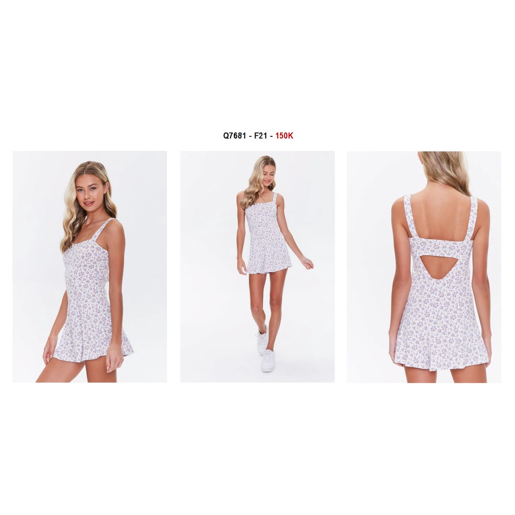 Q7681 - Romper 2 dây thun F21 khoét sau in hoa lá nhỏ