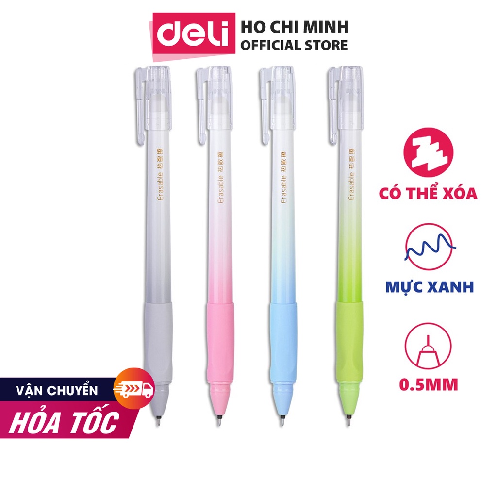 Bút gel xóa được có nắp đậy Deli - ngòi 0.5mm - mực Xanh/ Đen - A660