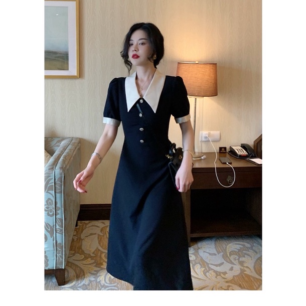 Đầm Váy Midi Đen Cổ Sen Phối Trắng Mặc Đi Làm Đi Chơi