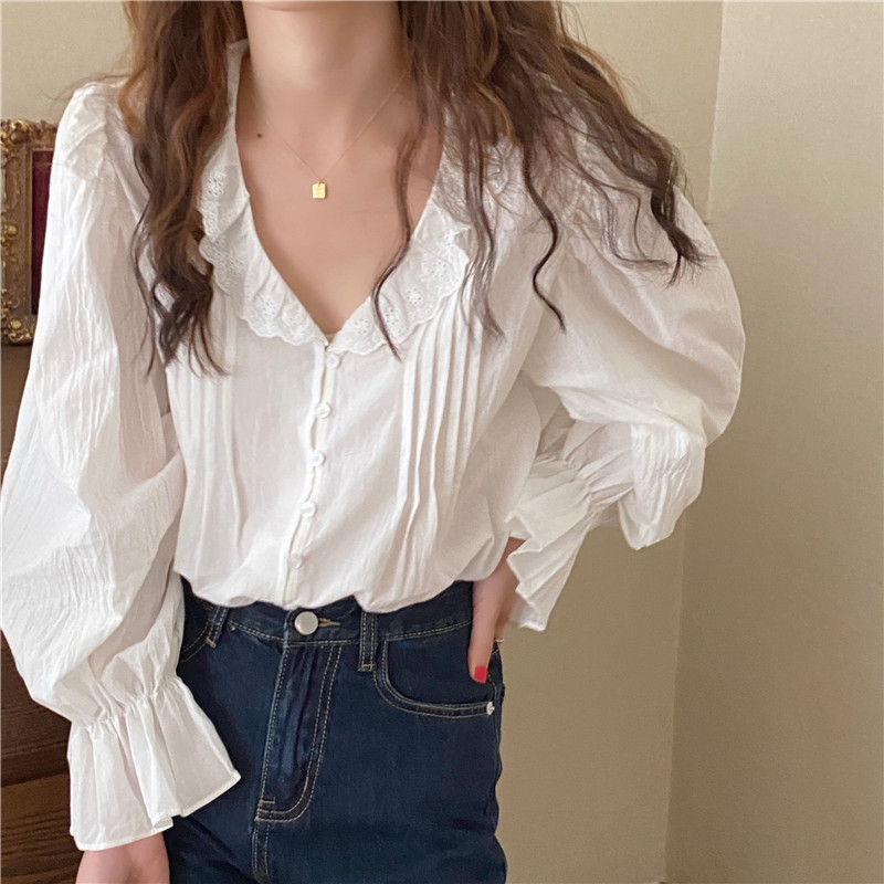 Áo kiểu Peppermint 37488 tay dài phối bèo thiết kế cổ chữ V màu trơn tùy chọn