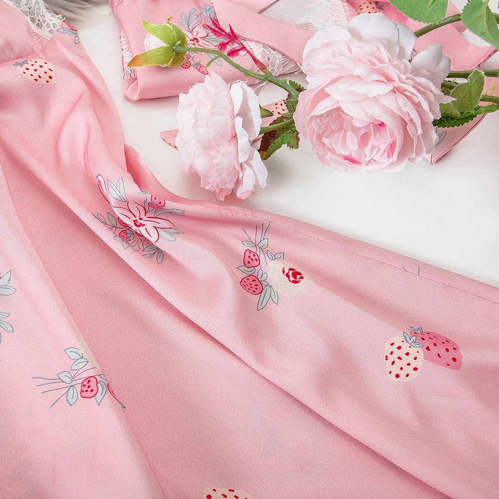 Váy ngủ lụa hai dây gợi cảm phối ren họa tiết dâu hồng thiết kế Vingo N285 VNGO | BigBuy360 - bigbuy360.vn