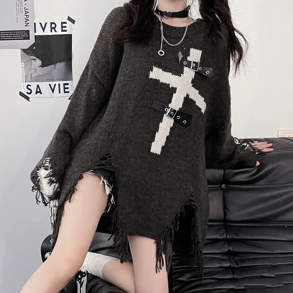 Áo Sweater Dệt Kim Dáng Rộng Rách Gối Phong Cách Punk Cổ Điển Hợp Thời Trang