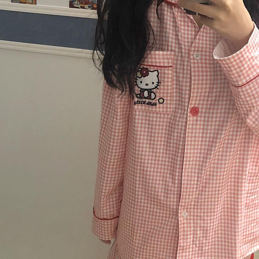 Bộ Đồ Ngủ Dài Tay In Họa Tiết Caro / Hello Kitty Màu Vàng Thời Trang Mùa Thu Cho Nữ