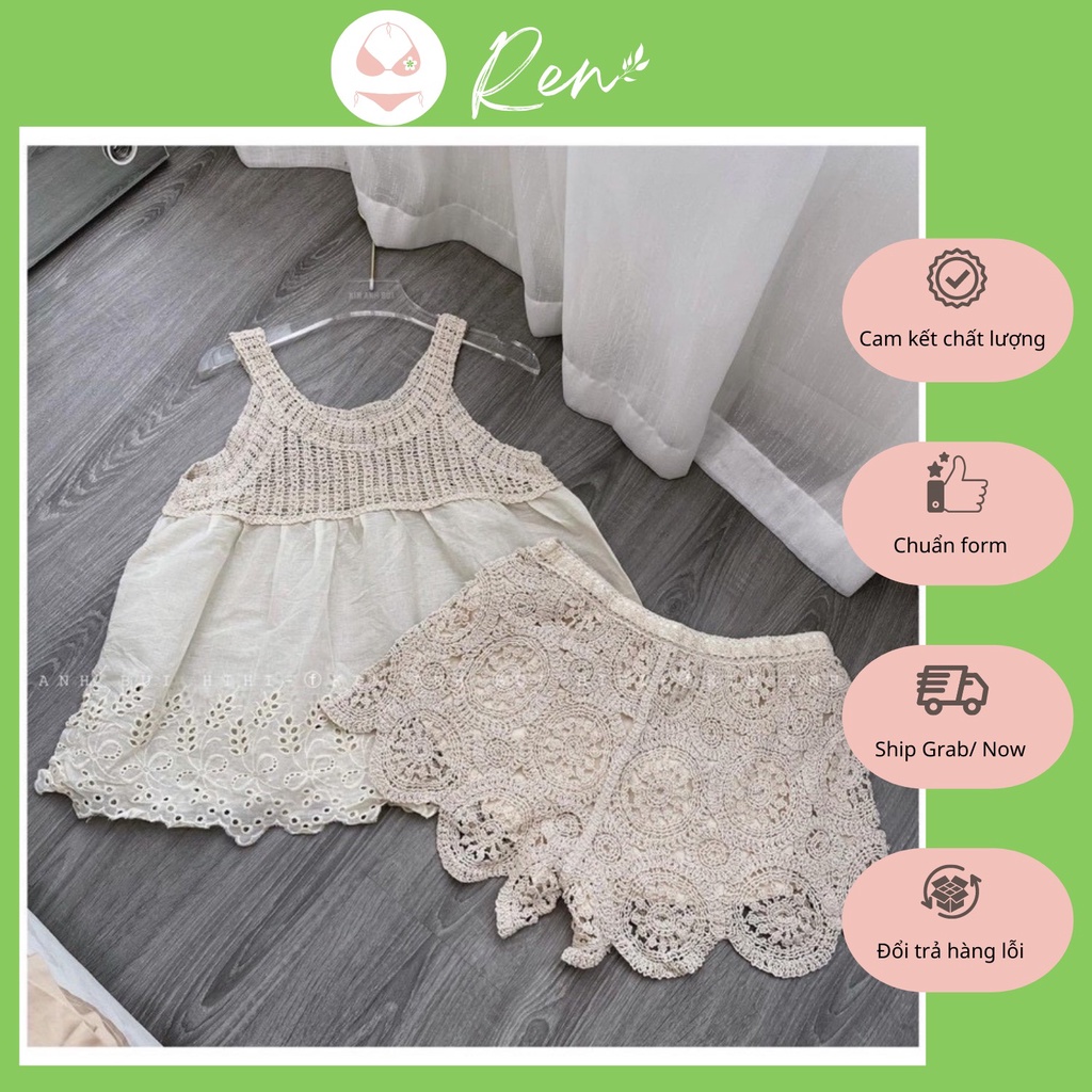 set áo baby doll cổ yếm + quần ren hoa tròn