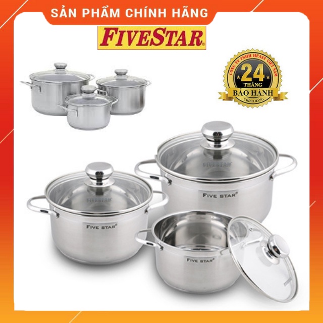 Bộ 3 Nồi inox Fivestar 3 đáy,Nắp Kính-đáy từ -soong nồi Tân Hợp Thành-dày,đẹp ,giá rẻ,Hàng Chính Hãng-Bảo Hành 5 Năm