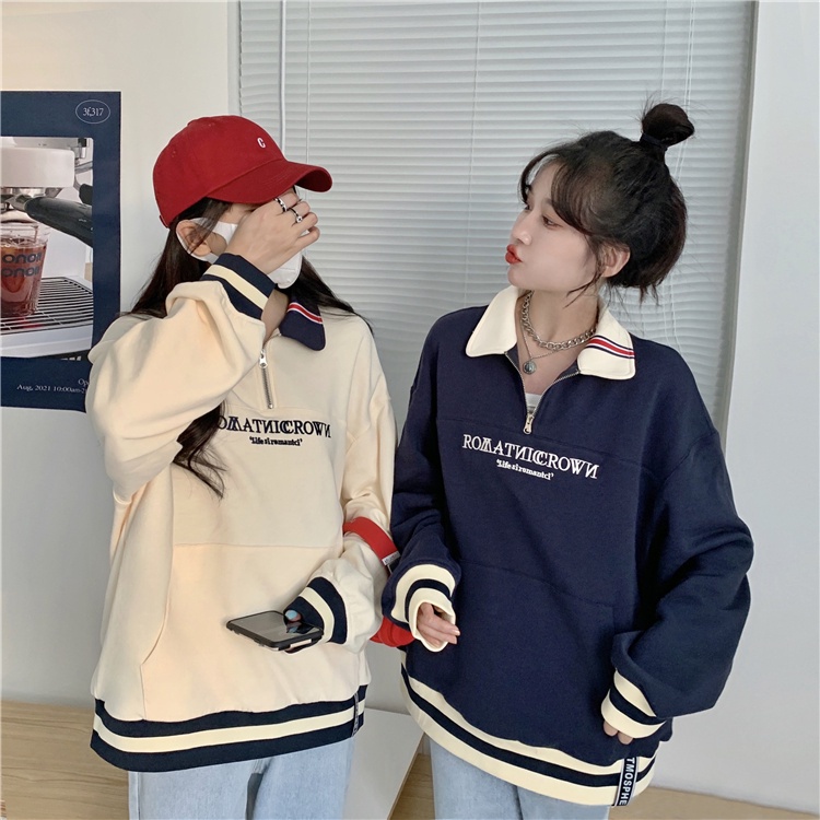 Áo sweater cổ polo thêu chữ thời trang xuân thu cho nữ