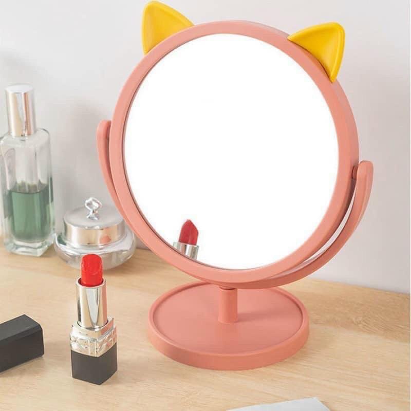 Gương để bàn trang điểm tai mèo cute xoay 360 độ