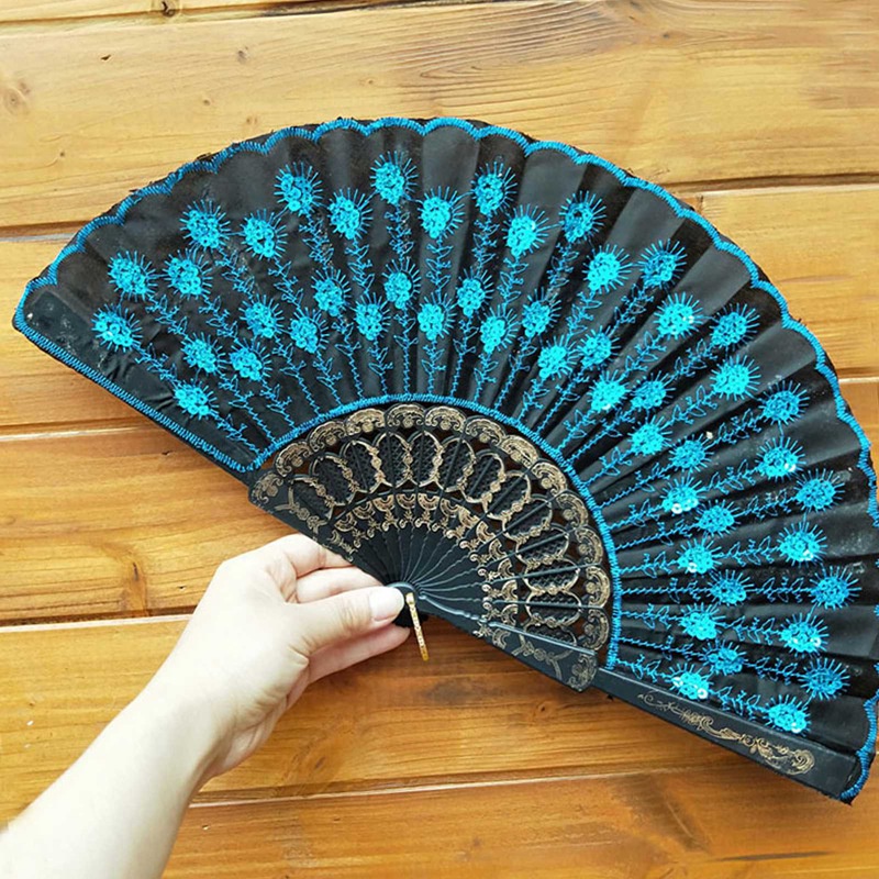 Tmdbyx Quạt Xếp Bằng Nhựa Màu Đen Đính Kim Sa Phong Cách Trung Hoa