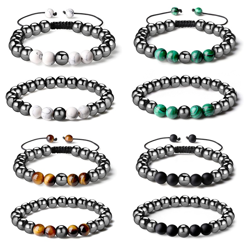 Bộ 2 Vòng Tay Đá Hematite Từ Tính Tự Nhiên Bảo Vệ Thiết Kế Độc Đáo Cho Nam