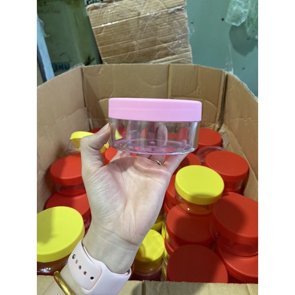 Hủ đựng kem 200g dẹp trong suốt nắp hồng