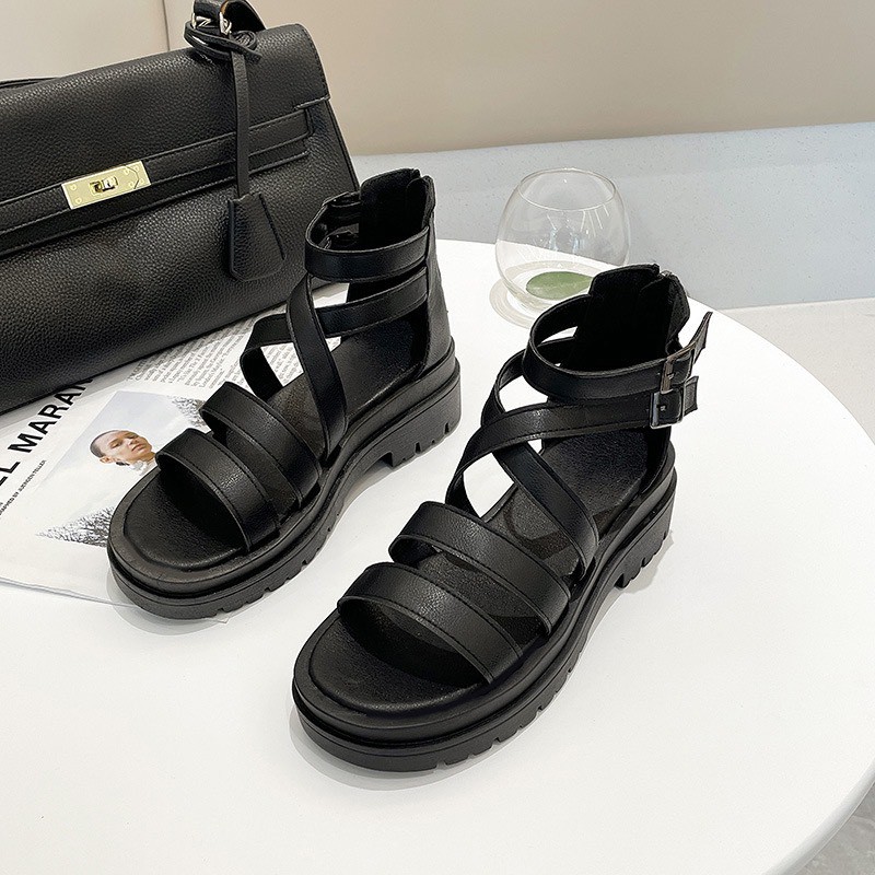 Giày sandal nữ gót cao phối da ulzzang quai ngang chiến binh