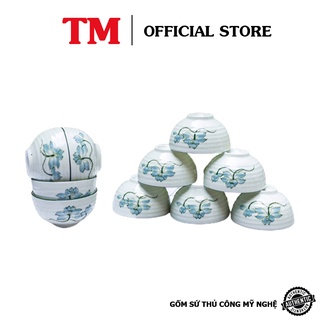 Bộ 10 bát chén ăn cơm men kem hoa sen vẽ tay xưởng gốm tm bát tràng