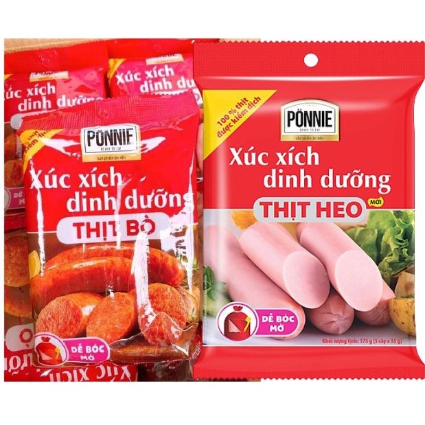 1 gói Xúc xích dinh dưỡng thịt Heo/thịt Bò Ponnie 175g ( 5 cây x 35g)