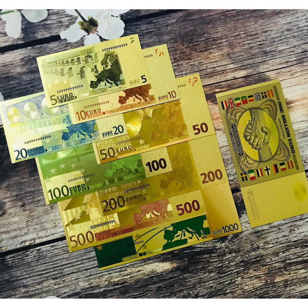 [Giá Rẻ] Trọn Bộ Tiền EURO Mạ Vàng Sang Chảnh Plastic 9 TỜ - Từ 5 - 1 triệu EURO