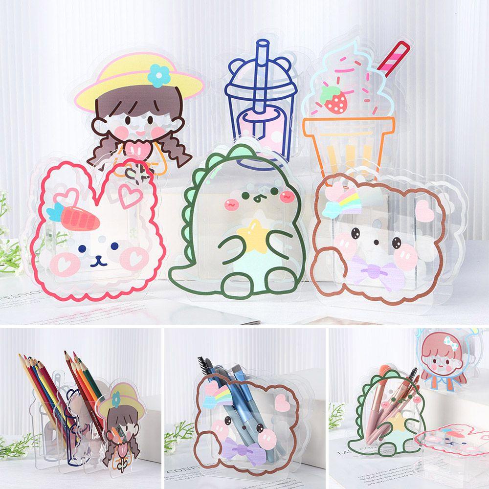 DORAW Multifunction Cartoon Acrylic Pen Holder Ice Cream Desktop Organizer Transparent Pen Holder Box Coaster Clips Cute Office Stationery Vase Kawaii Cosmetics Storage Desk Storage Box