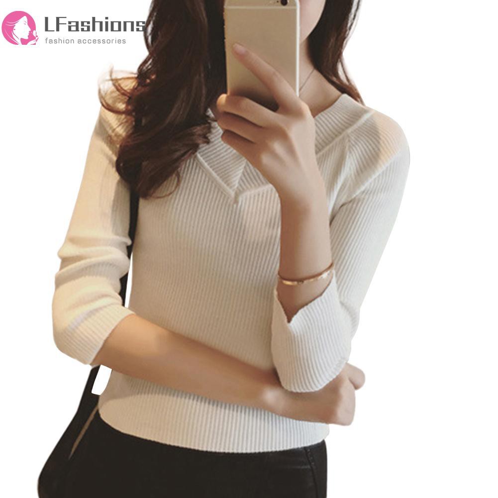 [Lfashions] Autumn Women Off Shoulder V-Neck Knit Tops Long Sleeve Pullover Sweaters | BigBuy360 - bigbuy360.vn