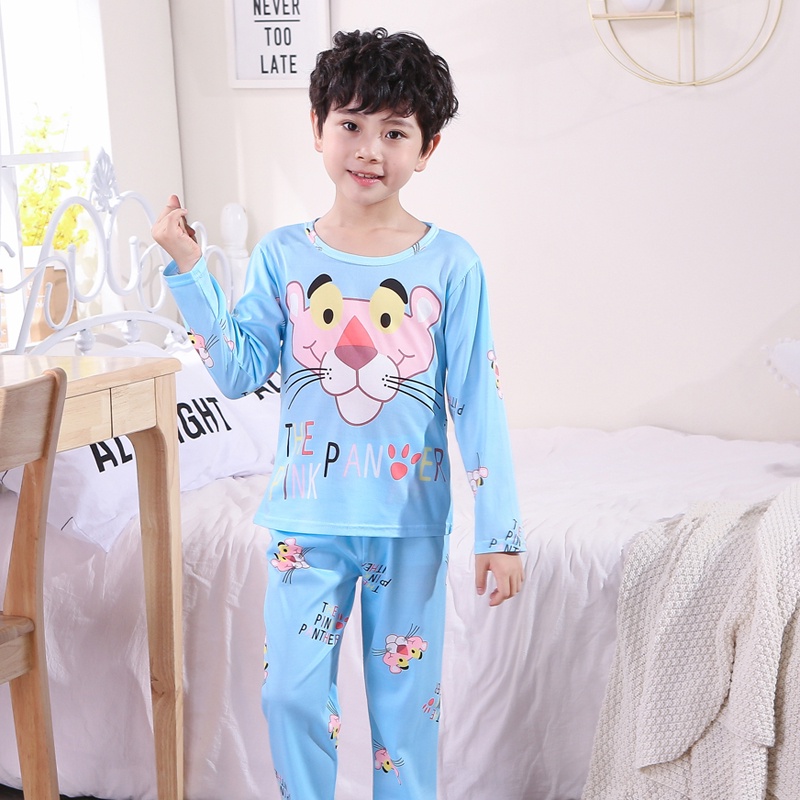 Set quần áo ngủ bé trai tay dài cổ tròn thoải mái in họa tiết hoạt hình thời trang mùa hè