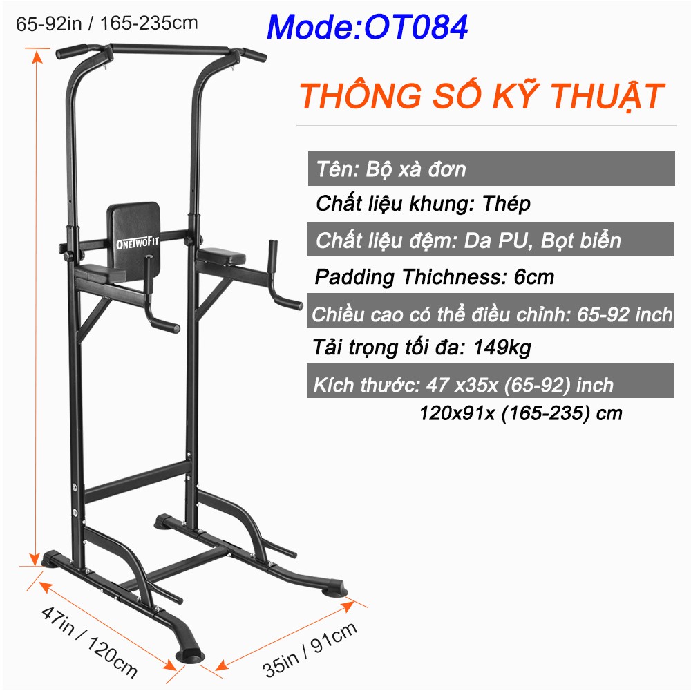 OneTwoFit Xà đơn xà kép Home Fitness Pull up Bar Push Up-Weight có thể điều chỉnh chiều cao 98cm*78cm*(185cm-236cm)