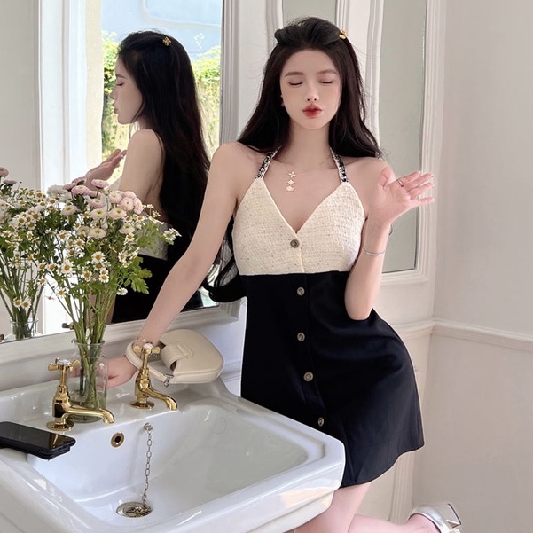 Đầm Hai Dây Ôm Dáng Phối Màu Đối Lập Phong Cách Hàn Quốc Thời Trang Mùa Hè Cho Nữ