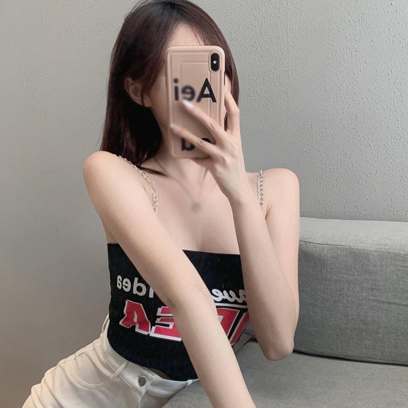 Áo croptop phối hai dây xích họa tiết chữ thời trang Hàn Quốc sành điệu