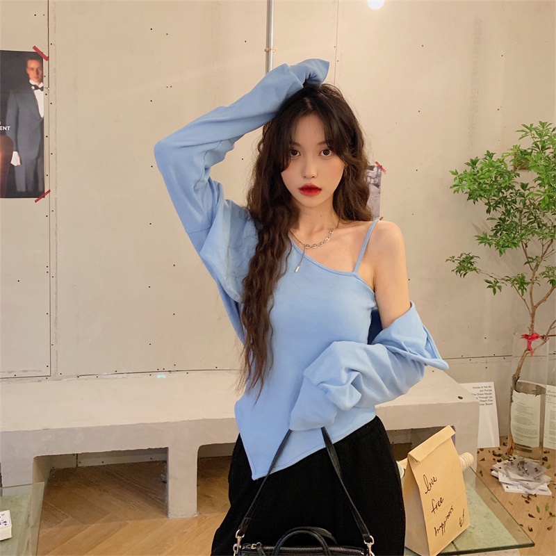 Set áo hai dây + áo khoác cardigan ngắn tay dài phong cách Hàn Quốc cho nữ chất lượng cao