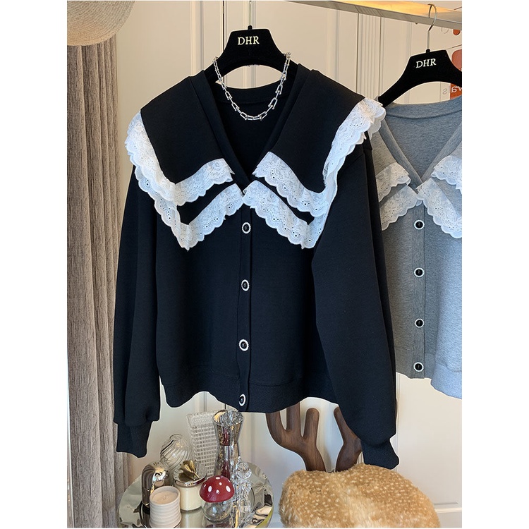 Áo sweater hai lớp cổ búp bê phối bèo dáng rộng phong cách quân đội Hàn Quốc thời trang cho nữ 2021 | BigBuy360 - bigbuy360.vn