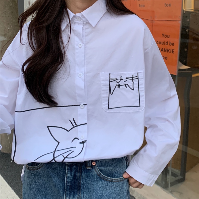 Áo sơ mi ZHELIHANGFEI tay dài dáng rộng họa tiết hình con mèo phong cách học đường dễ phối đồ