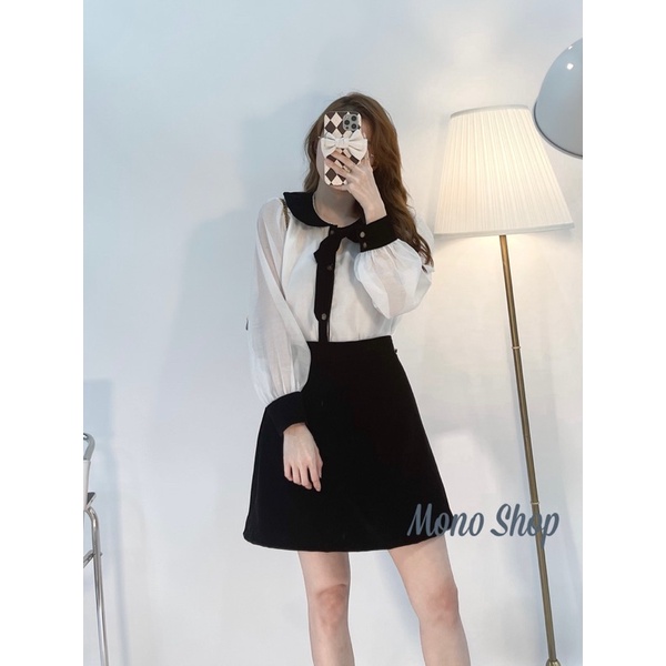 Set áo sơ mi voan trắng chạy viền đen nhung kèm chân váy nhung đen Ảnh thật/ sẵn