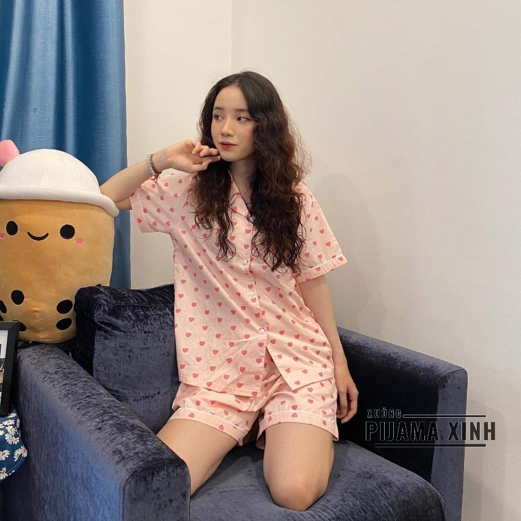 Bộ Pijama chất thô - họa tiết Tim Hồng cực xinh chất siêu mềm mát thấm mồ hôi Bộ Mặc Nhà
