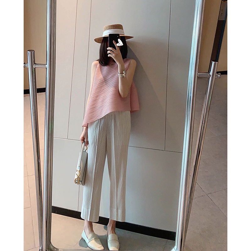 Issey Miyake Quần Tây Ống Đứng Lưng Cao Thời Trang Hè 2023 Cho Nữ
