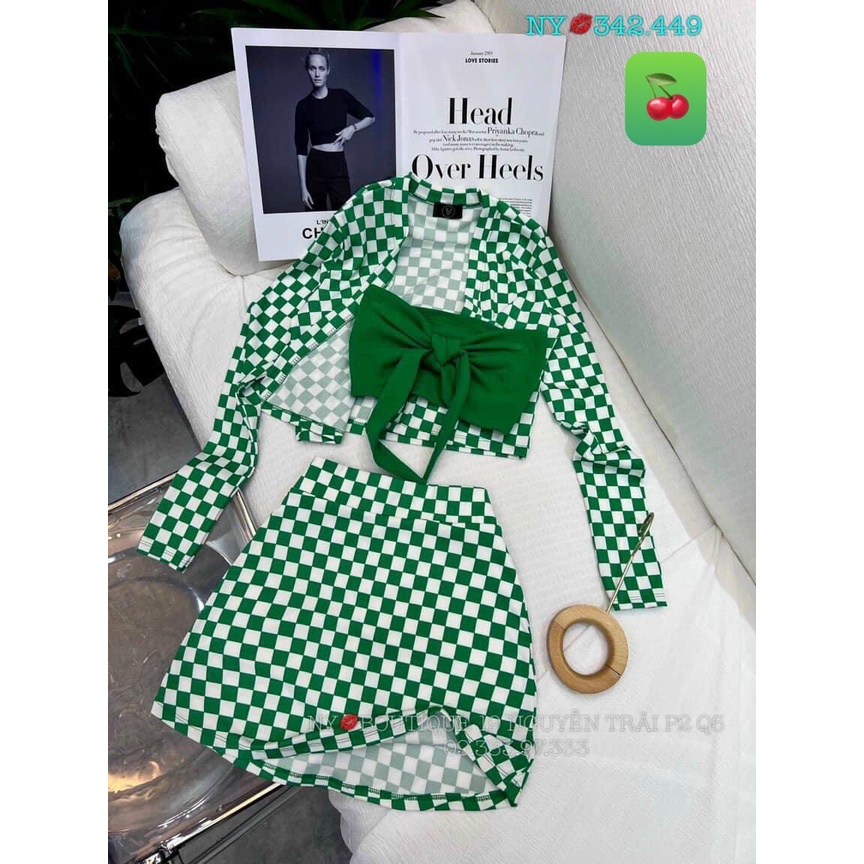 Sét 3 món áo ống nơ phối chân váy caro kèm áo khoác cực hot , chất thun gân dày dặn mk