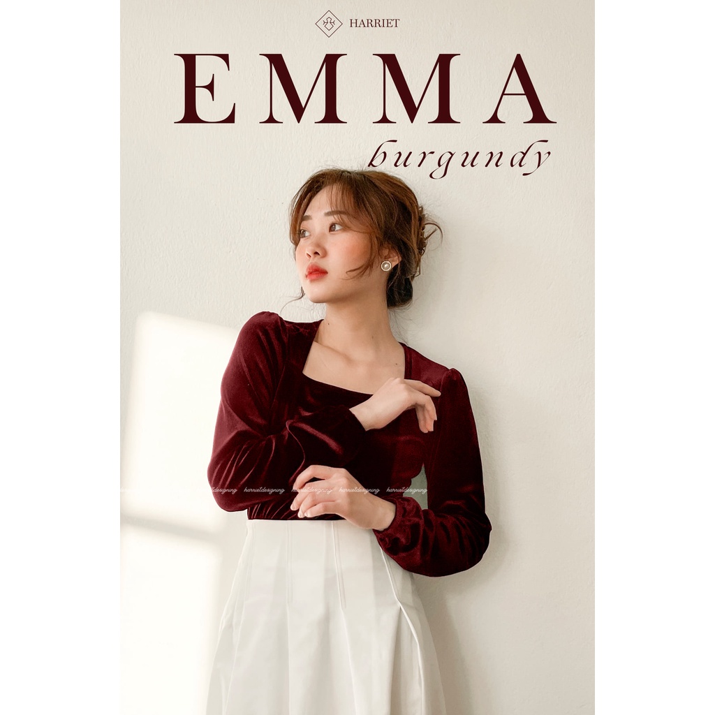 Áo nhung Emma cổ ngang cổ điển tay phồng Harriet