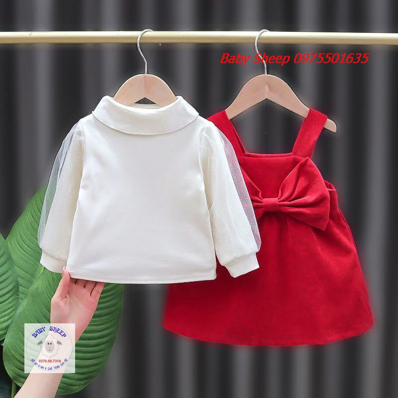 Set Yếm Nhung Đỏ và Áo Trắng  hàng cao cấp Xuất Hàn Baby Sheep cho bé gái từ 3 tháng đến 4 tuổi diện Tết thôi nôi