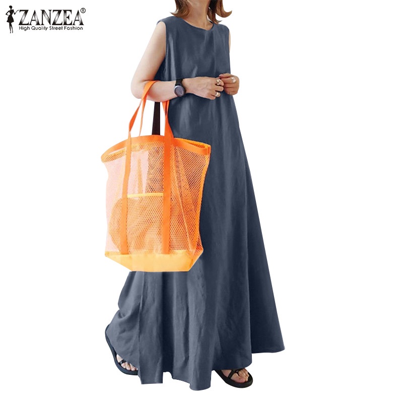 Đầm ZANZEA dáng dài không tay phối nút thời trang dành cho nữ