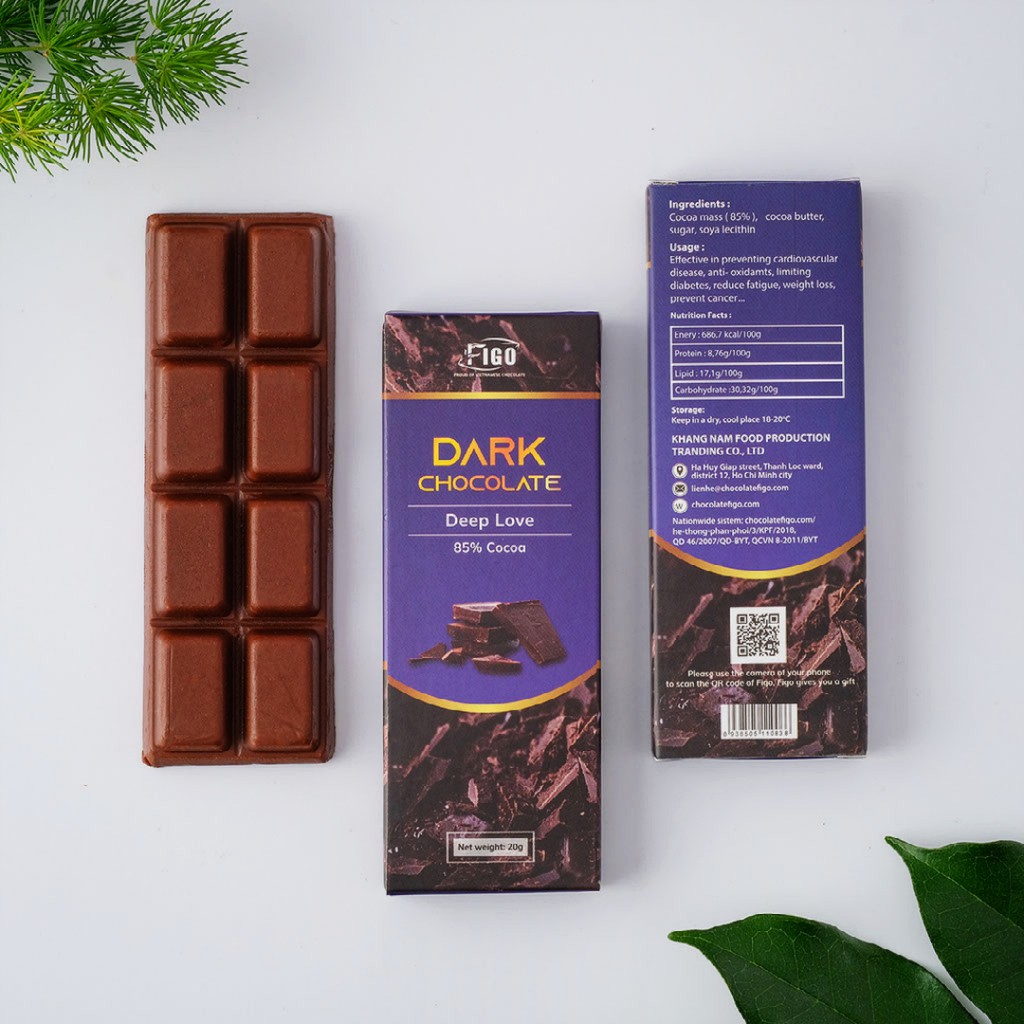 Socola đen nguyên chất ít đường đắng đậm 85 cacao Figo, Dark Chocolate 85 cacao less sugar