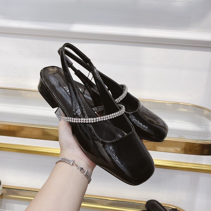 Giày búp bê nữ quai ngang đá mũi vuông da bóng đế cao 3 phân