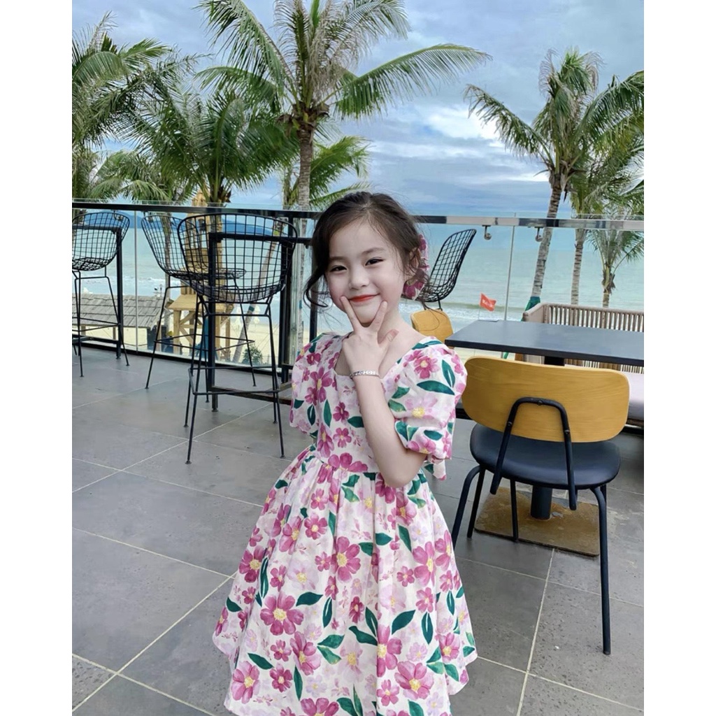 BG516 - VÁY HOA HỒNG XÒE KHOÉT NƠ LƯNG BÉ GÁI