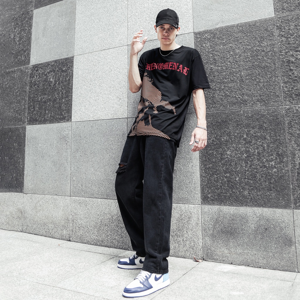 Quần Jean Nam Baggy Đen Ống Suông Rộng Rách Gối Kiểu Vải Denim Chất liệu Cotton Unisex Nam Nữ Hot Trend Dễ Phối Đồ