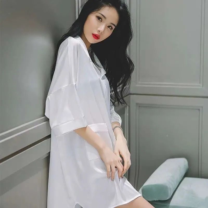 Áo len nữ pyjama lụa băng Áo ngủ lụa mỏng kiểu boyfriend áo sơ mi trắng có size mặc nhà có thể mặc bên ngoài