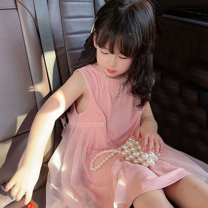 Se7en Đầm Công Chúa Sát Nách Cổ Tròn Phối Lưới Thời Trang Mùa Hè Hàn Quốc Cho Bé