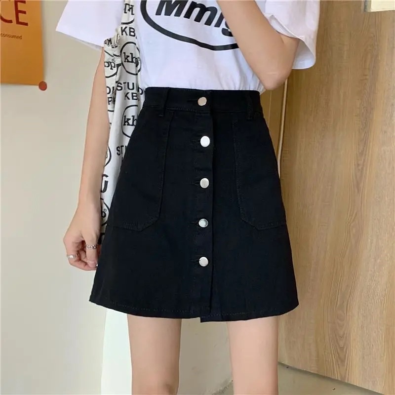 Chân Váy Jean Phối Cúc Nữ Màu Đen Dáng Chữ A Loại 1 Có Quần Trong Cạp Cao Năng Động Cá Tính Thể Thao Mặc Hàng Ngày