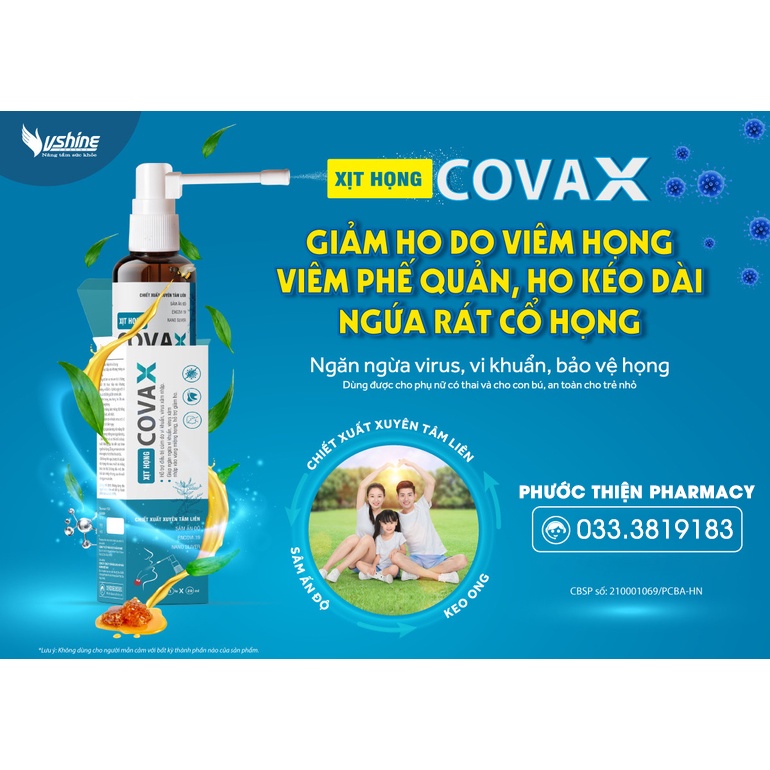 Dung dịch xịt họng COVAX 20ml chiết xuất xuyên tâm liên hỗ trợ cảm cúm do vi khuẩn, virut vào vùng miệng họng