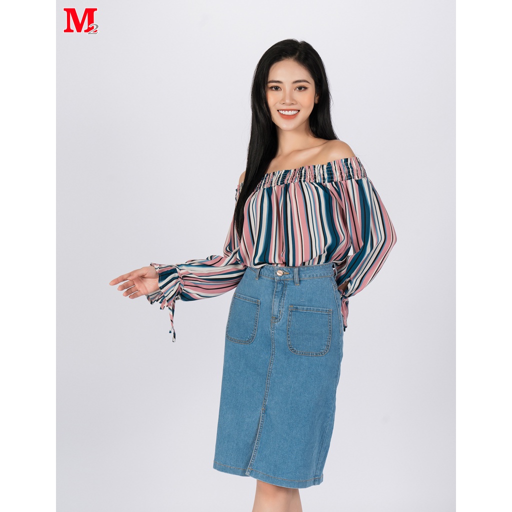 Áo sơ mi nữ dài tay trễ vai kẻ sọc nơ tay D555181119 Thời trang M2